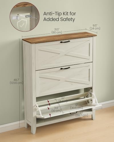 VASAGLE Farmhouse Shoe Cabinet, Narrow Storage Organizer, 3 Flip Drawers