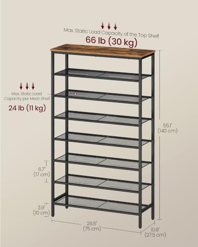 VASAGLE Shoe Rack with 7 Mesh Shelves and 1 Large Top for Bags, Steel Frame