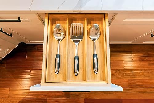 Umilife Bamboo Kitchen Utensils Organizer, 13 Inch Drawer Dividers for Silverware, Extra Deep Holder, with Non-Slip Feet, Wood Caddy for Flatware Cutlery