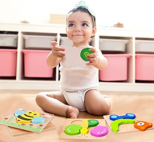SKYFIELD Wooden Animal Puzzles for Toddlers 1 2 3 Years Old, Boys & Girls Educational Toys Gift with 4 Animal Patterns, Bright Vibrant Color Shapes, Customize Gift Box Ready