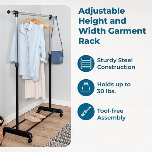 Honey-Can-Do Rolling Garment Rack with Adjustable Height and Width, Metal Clothes Rack, Heavy-Duty Organizer, Chrome