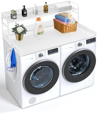 VEVOR Washer Dryer Countertop with 2-Tier Shelf, 54" x 27" Wooden Washer and Dryer Countertop with Anti-Slip Pads, Water-Resistant Laundry Topper Cover for Laundry Room Organization and Storage, White