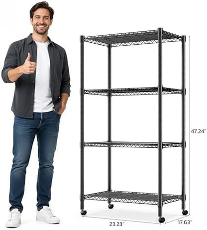 Simple Deluxe 4-Tier Heavy Duty Adjustable Storage Shelf with Wheels, 23.23”W x 17.63”D x 47.24”H, Wide Mobile Metal Shelving Unit, Easy Assembly for Living Room, Office,Black