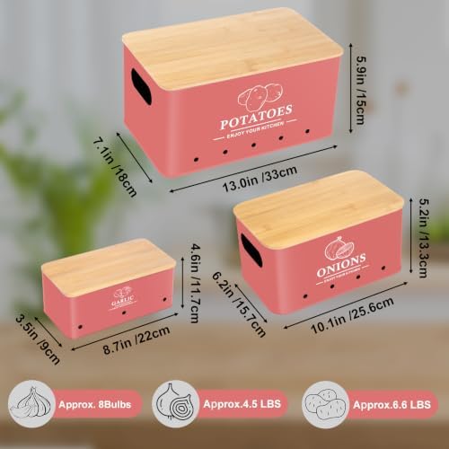 Kitchen Vegetable Storage Set of 3, Metal Onion Garlic Potato Storage Set, Kitchen Canisters Vegetable Keeper Containers with Aerating Holes and Bamboo Lid,Coral Red