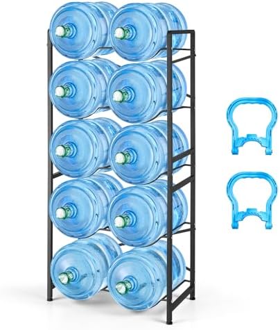 VEVOR 5 Gallon Water Jug Holder for 10 Bottles, 5-Tier Double Rows 3 or 5 Gallon Water Bottle Holder with Handle, Heavy Duty Jug Rack Organizer, Easy Assembly, for Kitchen, Office, Restaurant, Black