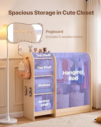VEVOR Kids Dress Up Storage, with Mirror, Wooden Kids Dress Up Rack, Toddler Wardrobe Closet for Little Girls, Storage Armoire, Costume Organizer, Children Playroom Furniture, for Bedroom, Natural
