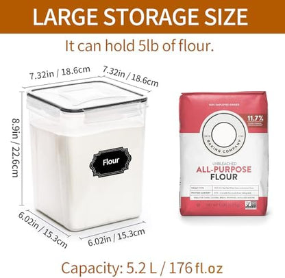HKJ Chef 4 Pack Large Airtight Food Storage Containers with Lids (5.2L / 176oz), BPA Free Plastic Kitchen and Pantry Organization Contianers for Cereal Flour and Sugar Storage, Labels & Marker