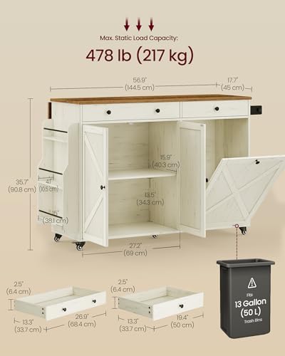 VASAGLE Mobile Kitchen Island with Trash Can Storage, Drop Leaf