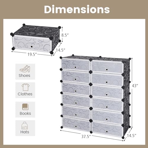 COSTWAY Shoe Rack Organizer, 6 Tier Shoe Shelves with Covers, DIY Design, 24-Pair Stackable Cube Organizer Boxes, Freestanding Shoe Cabinet for Entryway Bedroom Closet Hallway (Black)