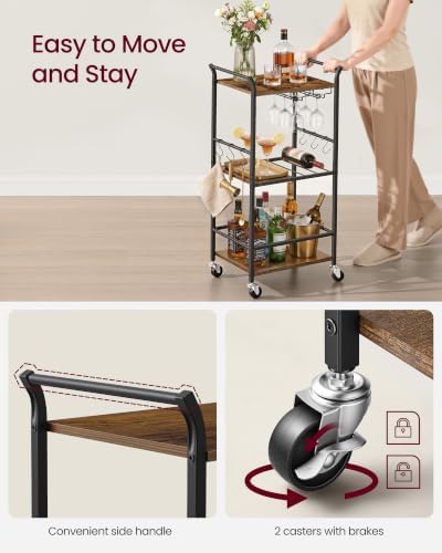 VASAGLE Bar Cart with Wheels, Drink Cart with Wine Rack and Glass Holder