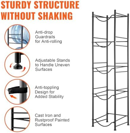 VEVOR 5 Tiers Water Jug Holder, 5 Gallon Water Bottle Holder, Single Row Water Bottle Rack for 5 Bottles, Heavy Duty Water Jug Rack for Kitchen, Office, Living Room, Black