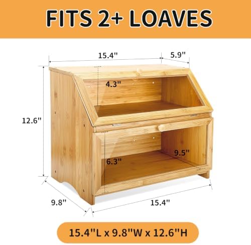 HOMEKOKO Double Layer Bread Box for Kitchen Countertop, Natural Bamboo