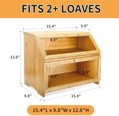 HOMEKOKO Double Layer Bread Box for Kitchen Countertop, Natural Bamboo