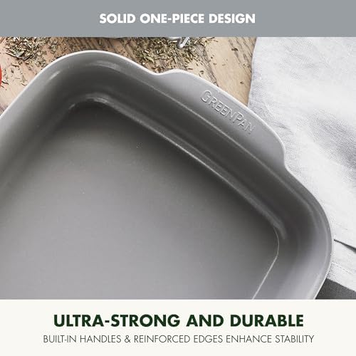 GreenPan Premiere Ovenware Healthy Ceramic Nonstick 8" Square Cake Baking Pan, Cast Aluminum Bakeware, Warp-Free, Oven and Broiler safe to 600F, Dishwasher Safe, PFAS-Free, Gray