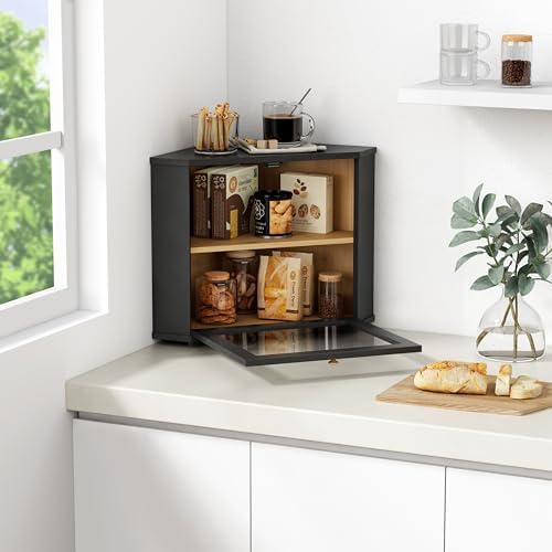 Goozii Corner Bread Box 2 Tier, Double Layer Black Breadbox for Countertop