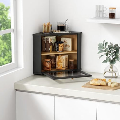 Goozii Corner Bread Box 2 Tier, Double Layer Black Breadbox for Countertop
