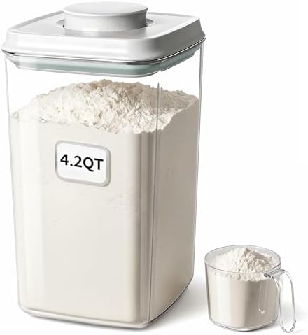 Melovom Pop Airtight Food Storage Container with Lid, 4L/4.2qt Large Cereal Flour Sugar Storage Container with Scoop, One Button Opening, BPA-Free, Kitchen Pantry Organization and Storage