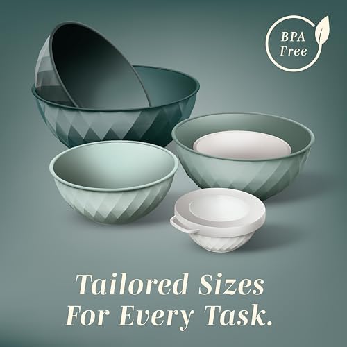 COOK WITH COLOR Mixing Bowls with Lids - 12 Piece Plastic Nesting Bowls Set includes 6 Prep Bowls and 6 Lids, Microwave Safe Mixing Bowl Set, Green Diamond