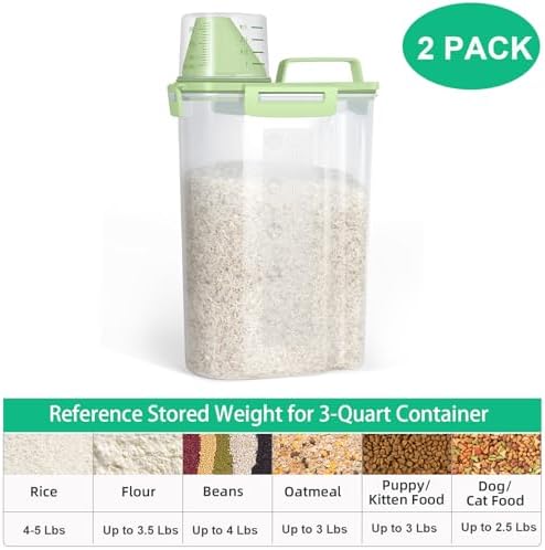 TBMax Rice Container Cereal Storage Container 2 Pack 5 Lbs, Plastic Kitchen Pantry Food Storage Container with Cup, Small Pet Dog Cat Food Dispenser -Green