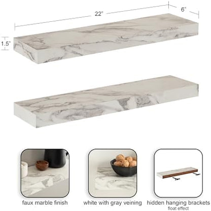 Kate and Laurel Havlock Modern Faux Marble Floating Shelves, Set of 2, 22 x 6, White, Transitional Functional Bathroom and Kitchen Shelves for Storage and Display