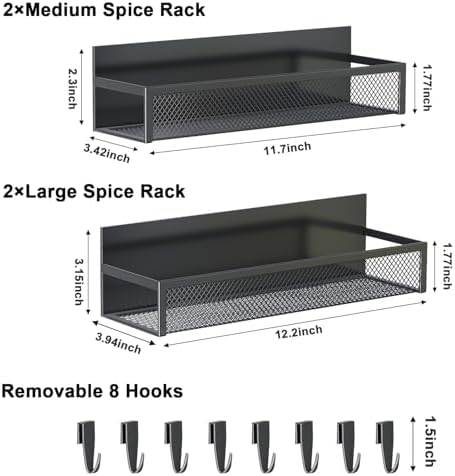 Aufworld Magnetic Spice Rack for Refrigerator, 4 Pack Magnetic Shelf, Fridge Magnet Organizer with Moveable 8 Hooks, Magnetic Fridge Shelf for Kitchen Organization and Storage (4 Pack)