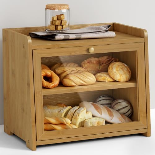 Bamboo Bread Box Double Layer, 2 Tier BreadBox for Kitchen Countertop