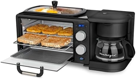 Nostalgia 3-in-1 Retro Breakfast Station - Includes 5 (4 Oz) Cup Coffee Maker, Non-Stick Ceramic Griddle, and 4-Slice Toaster Oven - Built-In Timer, Reusable Coffee Filter, Space-Saving Design - Black