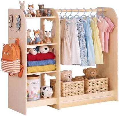 VEVOR Kids Dress Up Storage, with Mirror, Wooden Kids Dress Up Rack, Toddler Wardrobe Closet for Little Girls, Storage Armoire, Costume Organizer, Children Playroom Furniture, for Bedroom, Natural