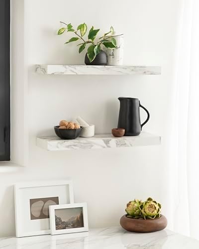 Kate and Laurel Havlock Modern Faux Marble Floating Shelves, Set of 2, 22 x 6, White, Transitional Functional Bathroom and Kitchen Shelves for Storage and Display