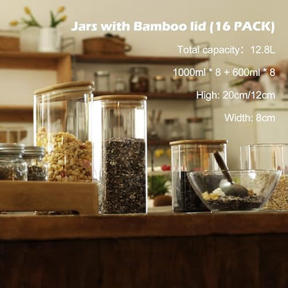 LIBWYS 16-Pack Square Glass Storage Jars with Bamboo Lids (0.6Qt/1.06Qt)