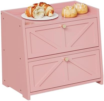 Trironsun Vintage Double Layer Bread Box for Kitchen Counter Bamboo Bread Storage Container Large Capacity Bread Storage Bin (Pink)