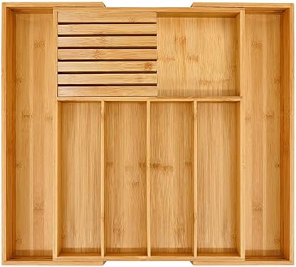 VaeFae Bamboo Silverware Drawer Organizer, 7 Slots, Natural