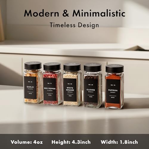 EDELHAUS Glass Spice Jars with Label, Seasoning Set, 24x Black Steel Lids