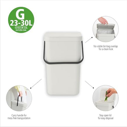 Brabantia Sort & Go Kitchen Recycling Bin | M / 6.6 Gal / 25L | Dark Gray | Removable Stay-Open Lid, Carry Handle | Trash Can for Bottles, Cans, Paper, Glass | Wall-Mounting Bracket Sold Separately