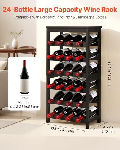 VEVOR 24 Bottle Detachable Wine Rack, 6-Tier Wine Bottle Holder,Solid Bamboo Wood Freestanding Floor Display Wine Storage Shelves with Table Top, for Kitchen,Cellar,Bar,Dining Room,Living Room(Black)