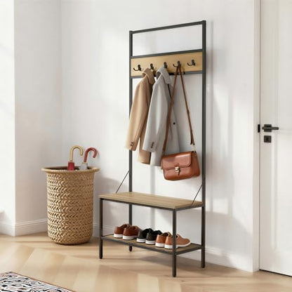 Amazon Basics Entry Bench with Hooks, Hall Tree with Shoe Storage, Steel Frame, Oak Finish