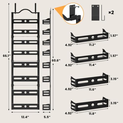 8-Tier Pantry Door Organizer, 2 IN 1 Wall Mount or Over The Door Pantry Organizer, Door Spice Rack with Adjustable Baskets, Over Door Organizer for Kitchen (12.4"W x 5.5"D x 66.1"H,1 Pack, Black)
