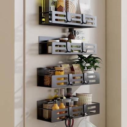 SETBAOO 4 Pack Magnetic Spice Rack for Refrigerator, Black Magnetic Shelf and Fridge Kitchen Storage Cabinet Organizers Seasoning Organization Mini Shelves, Organizadores de Cocina