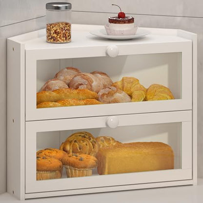 JANSNIMEN Corner Bread Box for Kitchen Countertop Bamboo Bread Holder Large Capacity Bread Container Storage Wooden Farmhouse Breadbox (White, 16.6" L x 12.28" W x 14.17" H)