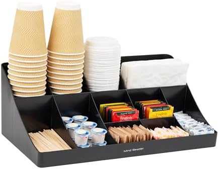 Mind Reader Cup and Condiment Station, Countertop Organizer, Coffee Bar, Kitchen, Stirrers, 17.875"L x 9.5"W x 6.625"H, Black