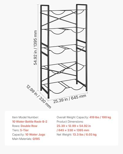 VEVOR 5 Gallon Water Jug Holder for 10 Bottles, 5-Tier Double Rows 3 or 5 Gallon Water Bottle Holder with Handle, Heavy Duty Jug Rack Organizer, Easy Assembly, for Kitchen, Office, Restaurant, Black