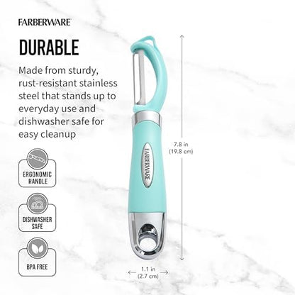 Farberware Vegetable Peeler, Pro2 Euro Peeler with Sharp Stainless Steel Swivel Blade and Ergonomic Handle, Dishwasher Safe, Aqua Sky