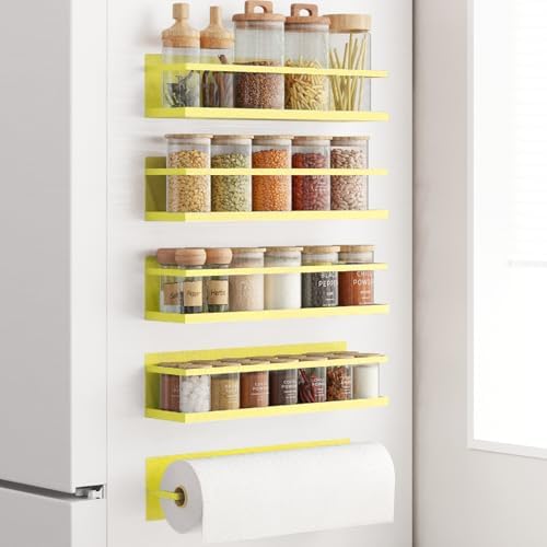 Magnetic Spice Rack For Refrigerator Magnetic Fridge Shelf For Kitchen Spice Organizer Magnetic Shelf For Fridge Space Saving Yellow 4 Pack With Magnetic Paper Towel Holder