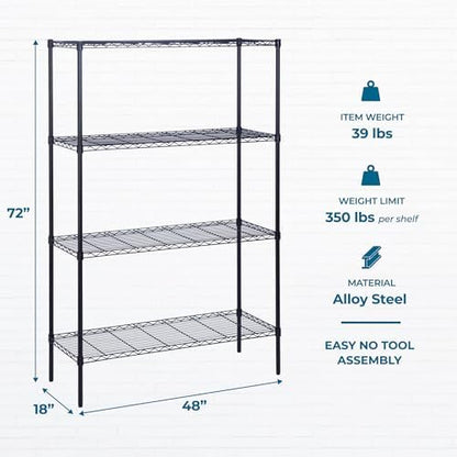 Honey-Can-Do 4-Tier Heavy Duty Extra-Wide Adjustable Shelving Unit, 350-lb Per Shelf Metal Storage Rack, Wire Shelf for Garage Workshop Basement, Black, 48 x 18 x 72 in