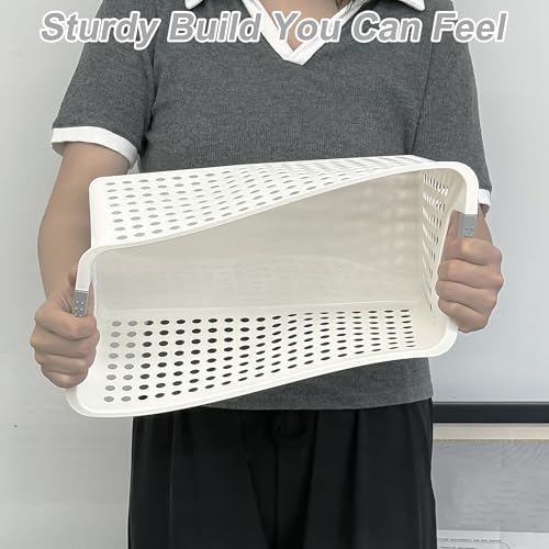 Soddeph Slim Plastic Storage Basket with Handles, Narrow Organizer box for Shelves, Organizer box for Organizing, Kitchen,Home,Office (White, Medium)