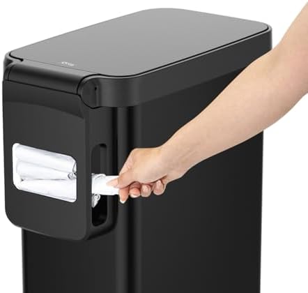 Glad Slim Trash Can with Clorox Odor Protection - Narrow Kitchen Garbage Bin with Soft Close Lid, Step On Foot Pedal and Waste Bag Roll Holder, Black, 12 Gallon/45 Liter