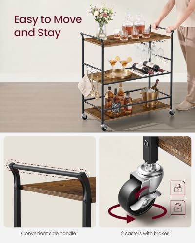 VASAGLE Bar Cart with Wheels, Drink Cart with Wine Rack and Glass Holder