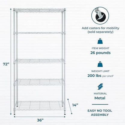 Honey-Can-Do 5-Tier White Wire Shelving Unit, 200 lb/Shelf, 36x14x72 in