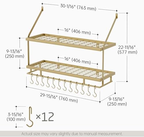 KES 30-Inch Gold Pot Rack Wall Mount, 2-Tier Hanging Pot and Pan Organizer