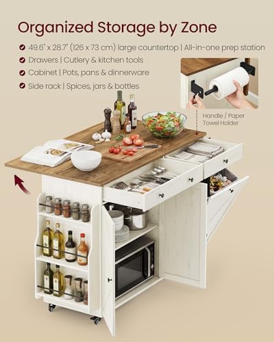 VASAGLE Mobile Kitchen Island with Trash Can Storage, Drop Leaf